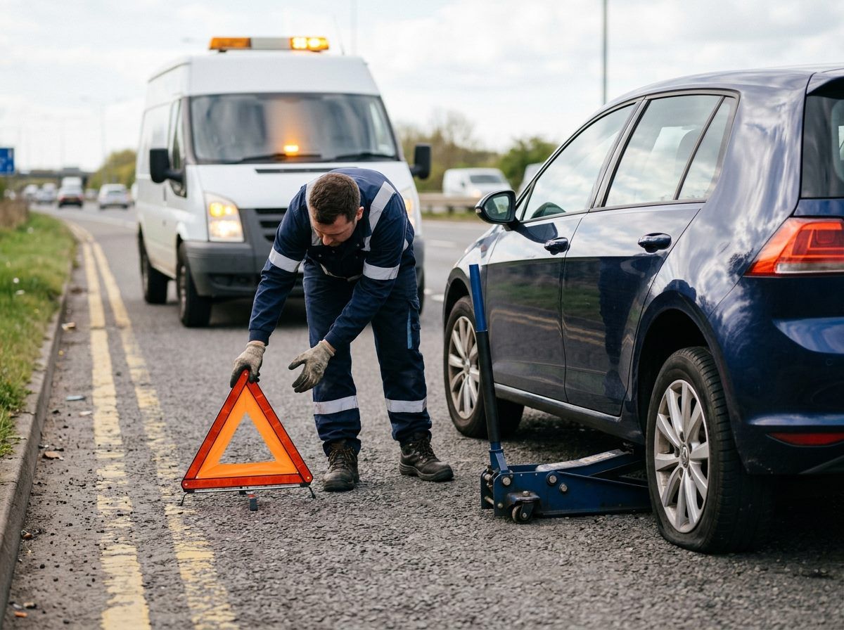 Yol kenarında lastik arızası yaşayan araca mobil yol yardım müdahalesi temsili görseli